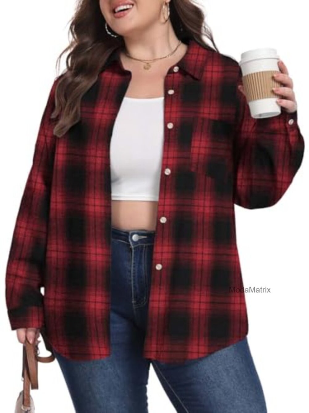 Plus Size Flannel Plaid Button Down Shirt Relaxed Fit Cotton Blend